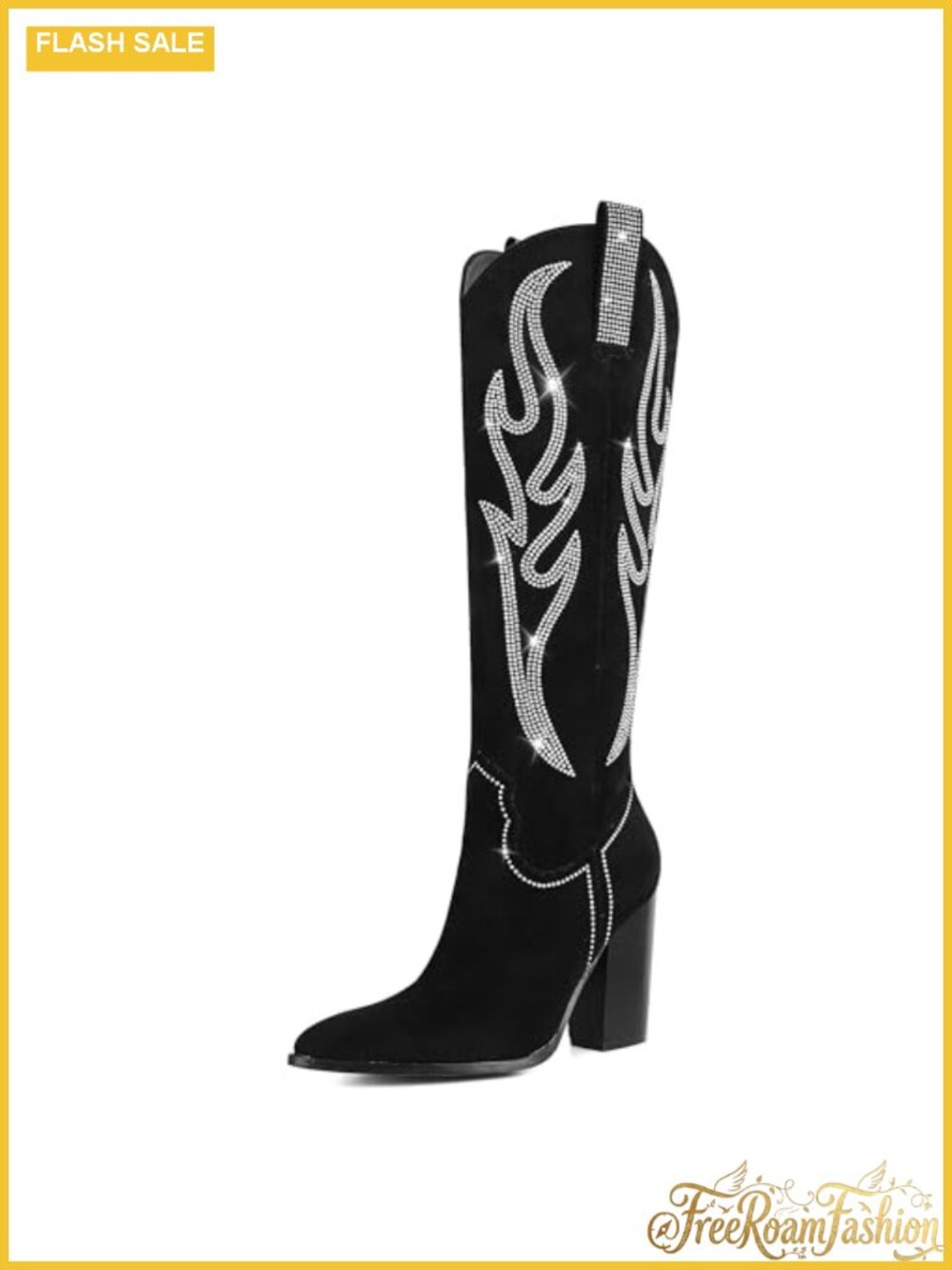 Embroidered Rhinestone Cowboy Boots Knee High Chunky Heel